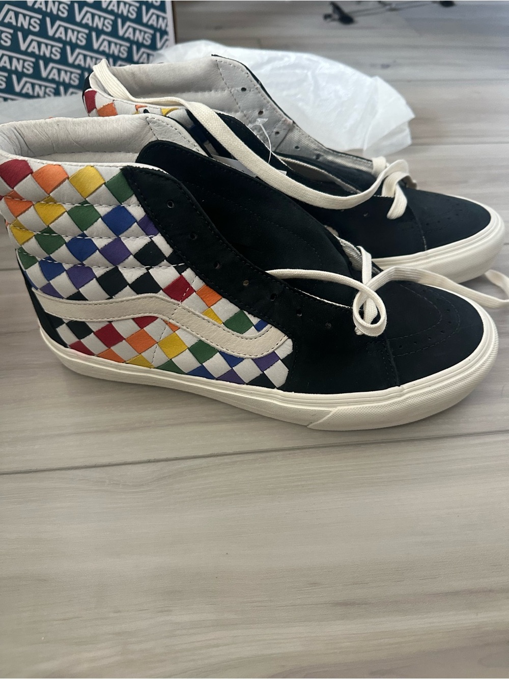 Vans Black High-Top Sneakers with Rainbow Checkerboard 9 M or 10.5W